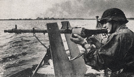 [Figure 38. M.G. 34 in action on boat, showing protective shield and drum feed.]